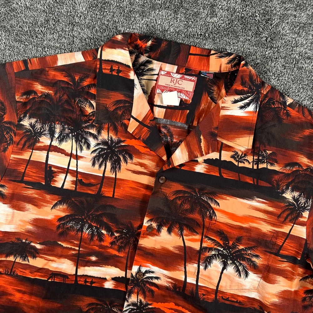 RJC Shirt Mens 3X Orange Sunset Palm Tree Button Down RJC Hawaiian Aloha VTG